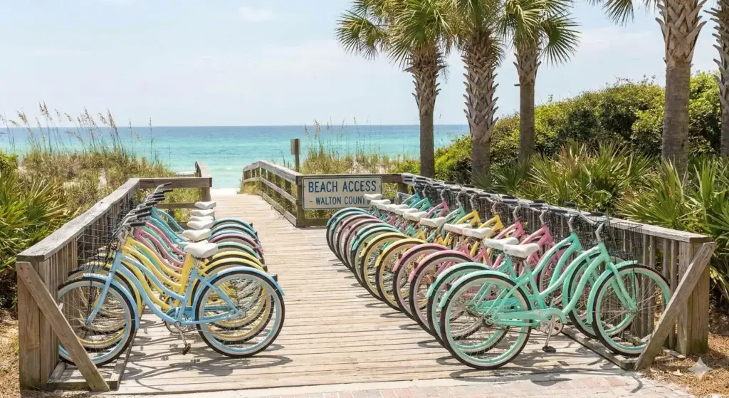30A Lifestyle: Exploring the Communities by Bike - Living on 30A Florida Rental bikes parked at a 30A beach access, showing local transportation options.