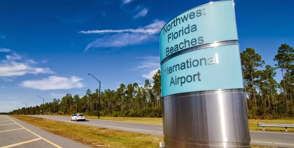 Getting to 30A: Northwest Florida Beaches International Airport (ECP) - Living on 30A Florida Main terminal entrance at Northwest Florida Beaches International Airport (ECP) near 30A.