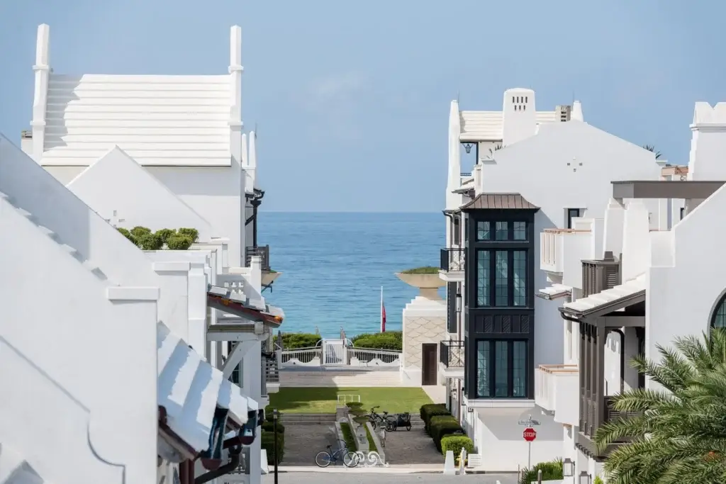 White stucco homes overlooking the Gulf of Mexico in Alys Beach FL