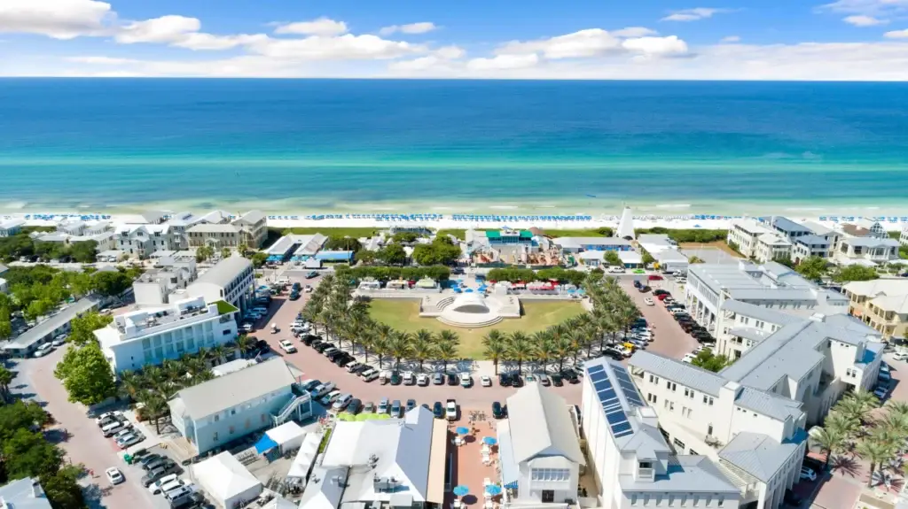 aerial photo of Seaside Florida Town Square and Beach
