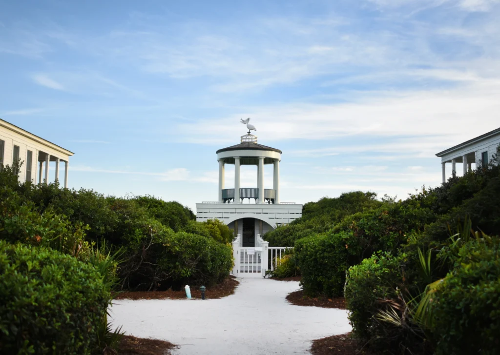 seaside-fl-beach-access-gazebo-walkway 1 - Living on 30A Florida Beach access gazebo and sandy walkway through native landscaping in Seaside Florida