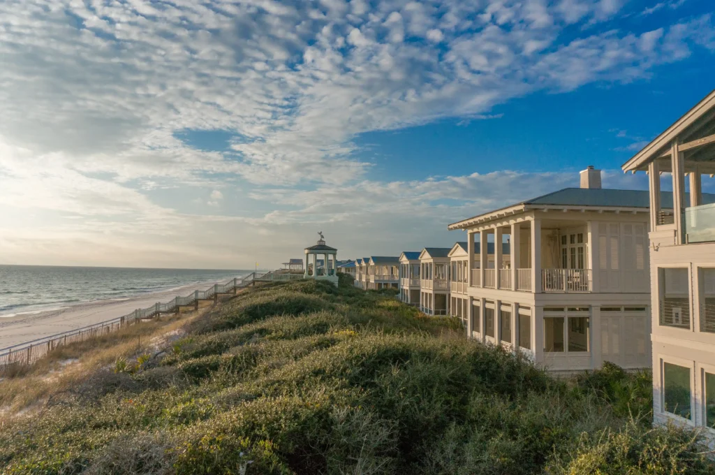 seaside-fl-beachfront-homes-gulf-view - Living on 30A Florida Beachfront homes along the Gulf of Mexico in Seaside Florida with dune vegetation