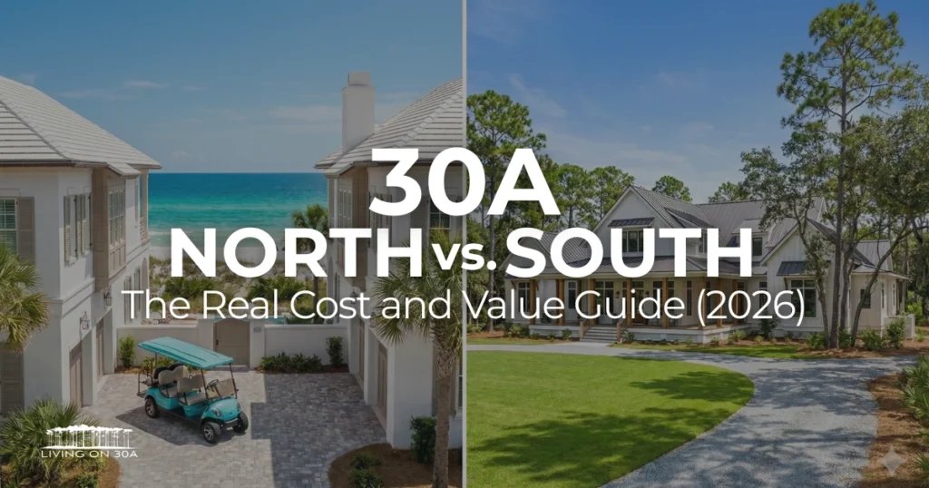 30A Real Estate: Choosing Between Beach Proximity and Property Value - Living on 30A Florida Side-by-side comparison of a luxury South of 30A beach home and a spacious North of 30A residential property.