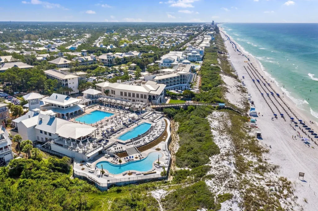 watercolor-fl-beach-club-pools-boardwalk - Living on 30A Florida WaterColor Florida Beach Club tiered pools and beach boardwalk aerial view
