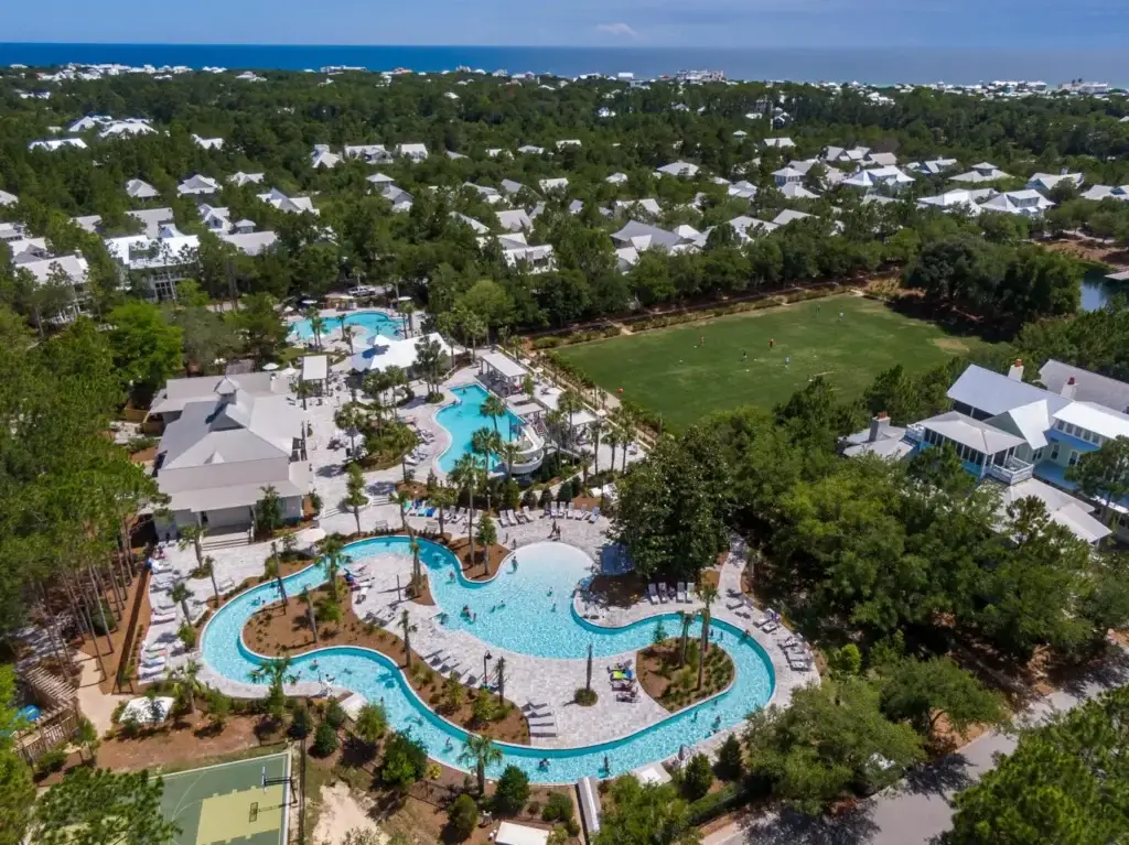 watercolor-fl-camp-watercolor-lazy-river-aerial - Living on 30A Florida Aerial view of Camp WaterColor lazy river and family pool complex on 30A Florida