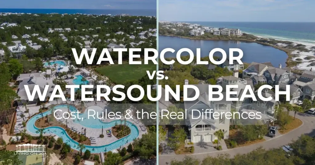 watercolor-vs-watersound-beach-comparison-30a 1 - Living on 30A Florida Side-by-side comparison of WaterColor resort community and Watersound Beach dune boardwalk along 30A Florida