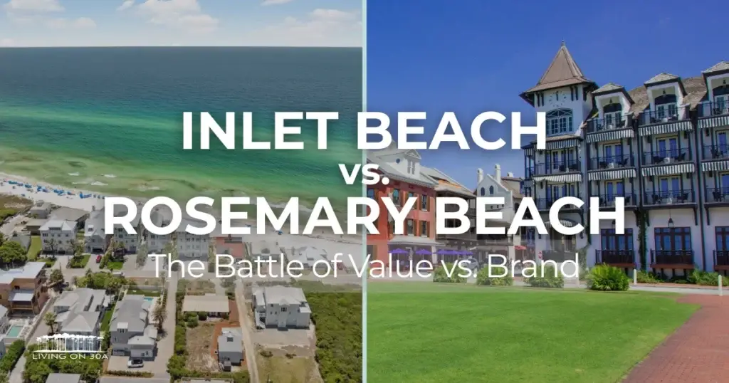 inlet-beach-vs-rosemary-beach-30a-comparison - Living on 30A Florida Aerial comparison of Inlet Beach and Rosemary Beach along Scenic Highway 30A showing the contrast in community density and beach access