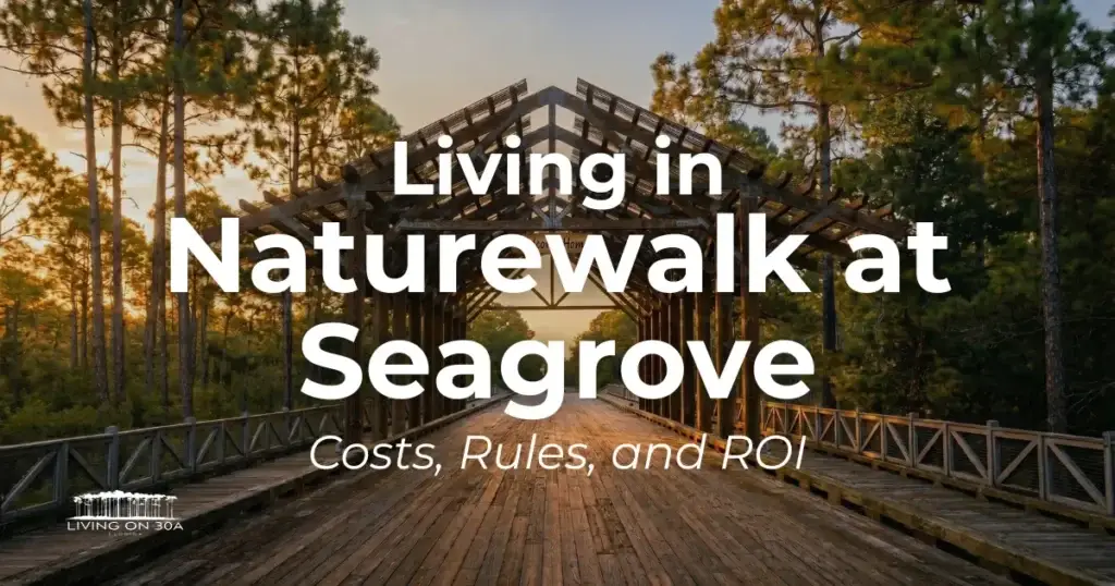 Wooden nature trail under a shelter in a forest with warm sunset light; overlaid text reads 'Living in Naturewalk at Seagrove—Costs, Rules, and ROI'
