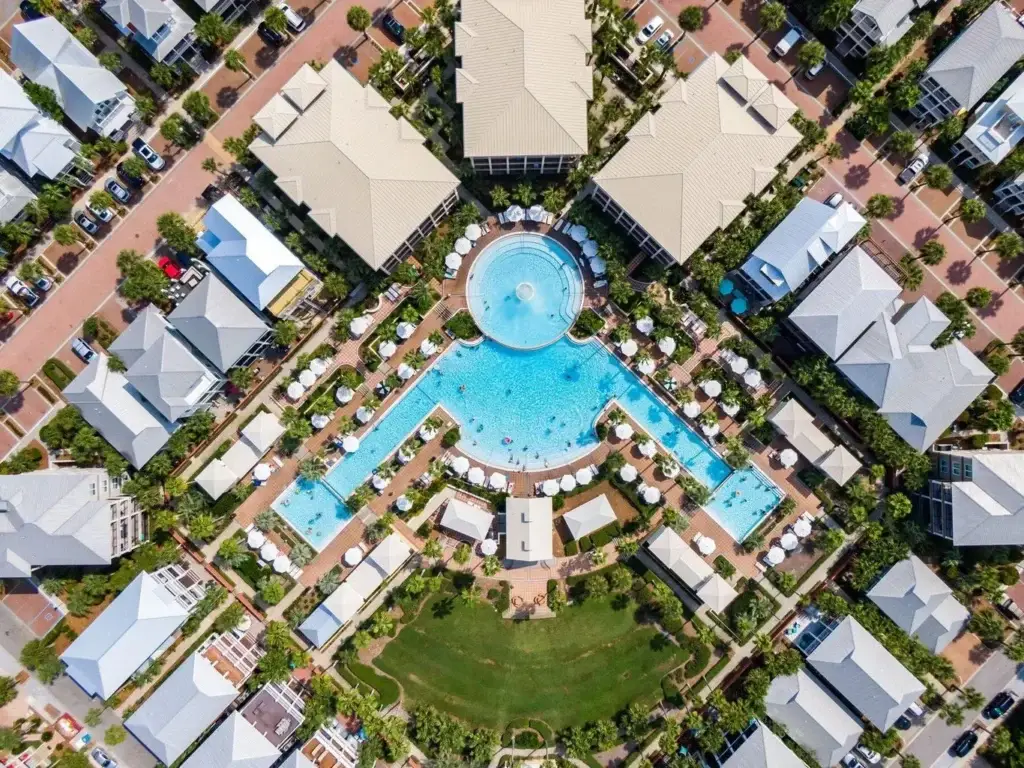 Seacrest Lagoon Pool Overhead Shot - Living on 30A Florida Seacrest Beach lagoon pool, the largest on 30A