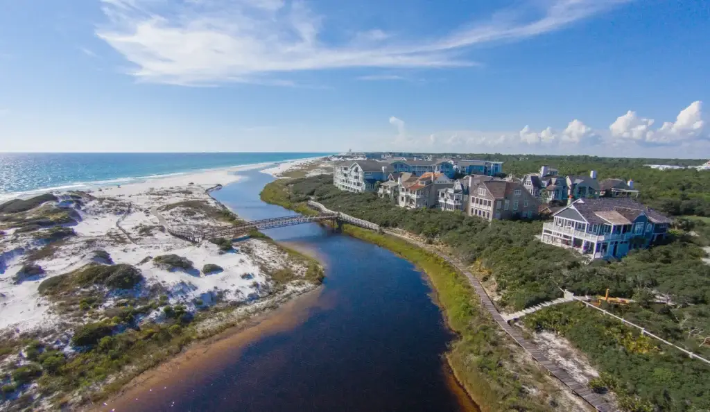 Watersound Beach Bridges Aerial - Living on 30A Florida Aerial view of Camp Creek Lake winding around Watersound Beach Homes