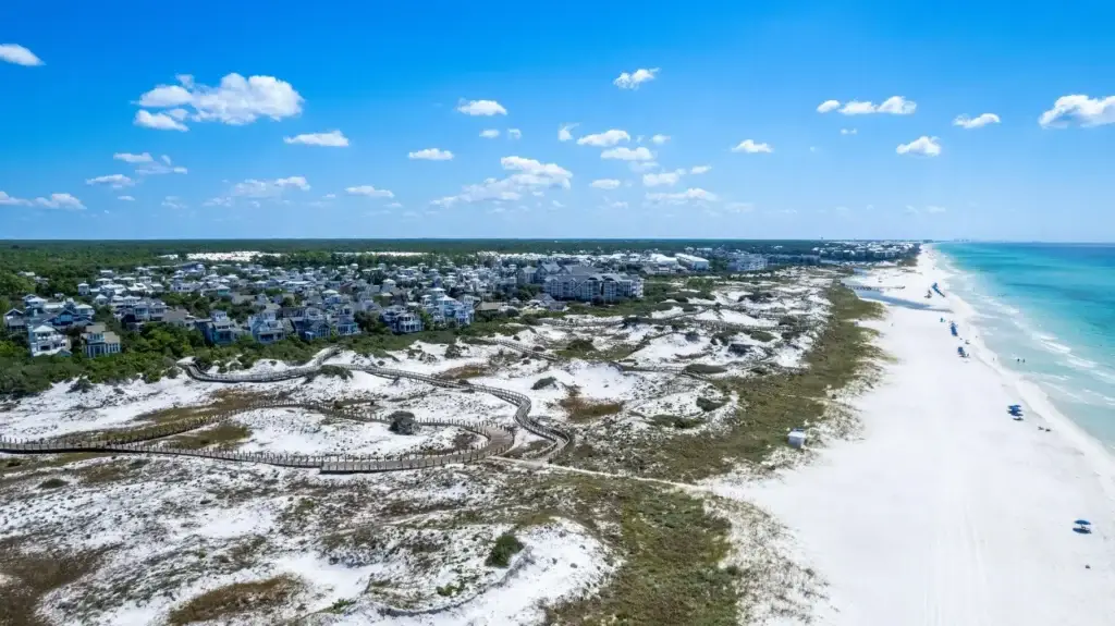 Watersound beach Boardwalks 1 - Living on 30A Florida Aerial shot of Watersound Beach boardwalks and the beach